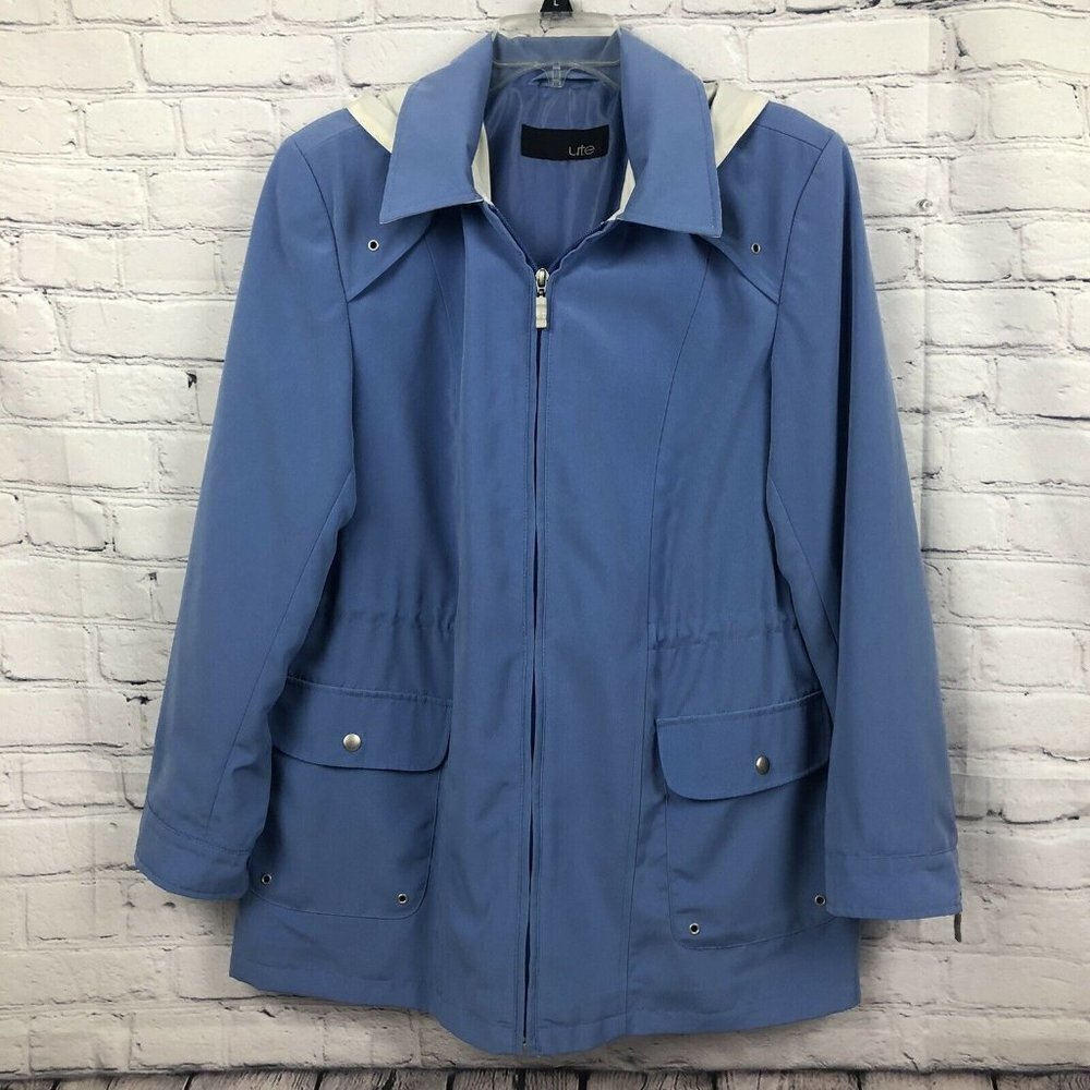 Utex Winter Raincoat Jacket Blue Detachable Hood Windbreaker Full Zip Sz Medium